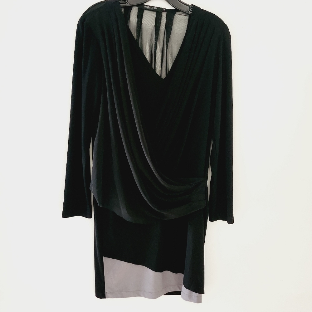 ALEX & AVA By Komarov two tone draped and twist front, sheer mesh back dress